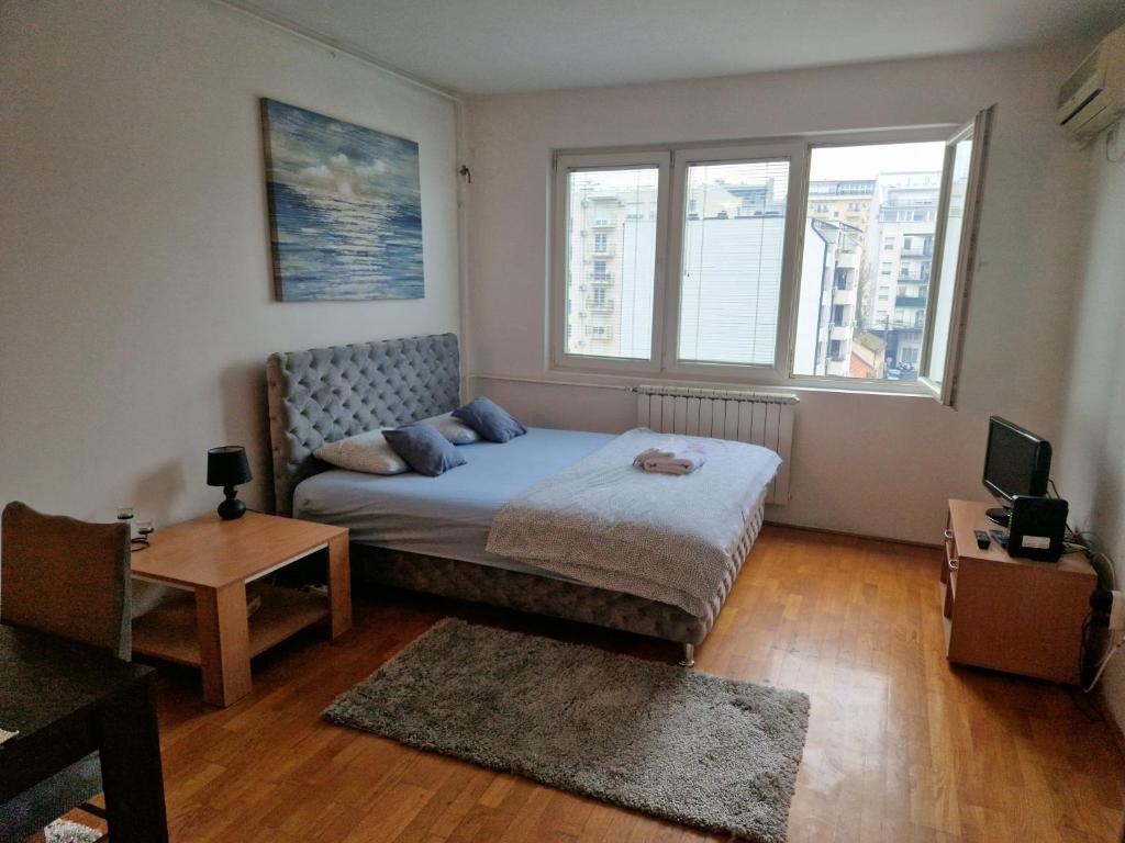 um pequeno quarto com uma cama e uma janela em Anchy Apartment em Belgrado