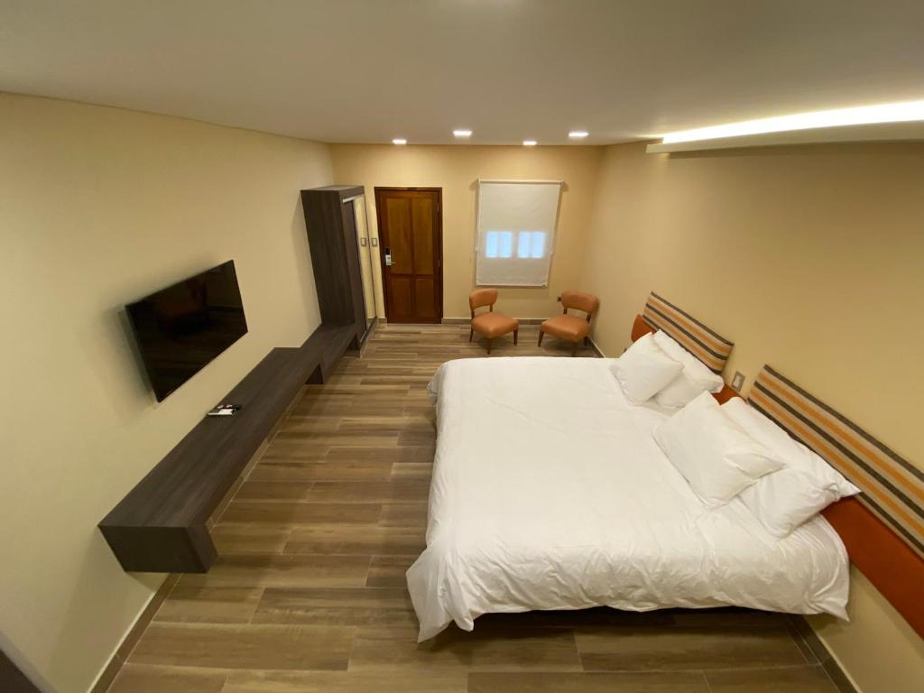 um quarto de hotel com uma cama e uma televisão em Adobe Suites em Salta