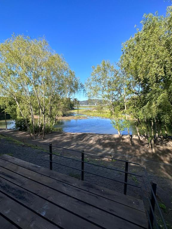 un banco de parque junto a un río con árboles en Cabañas Habitainer BordeRio en Concepción