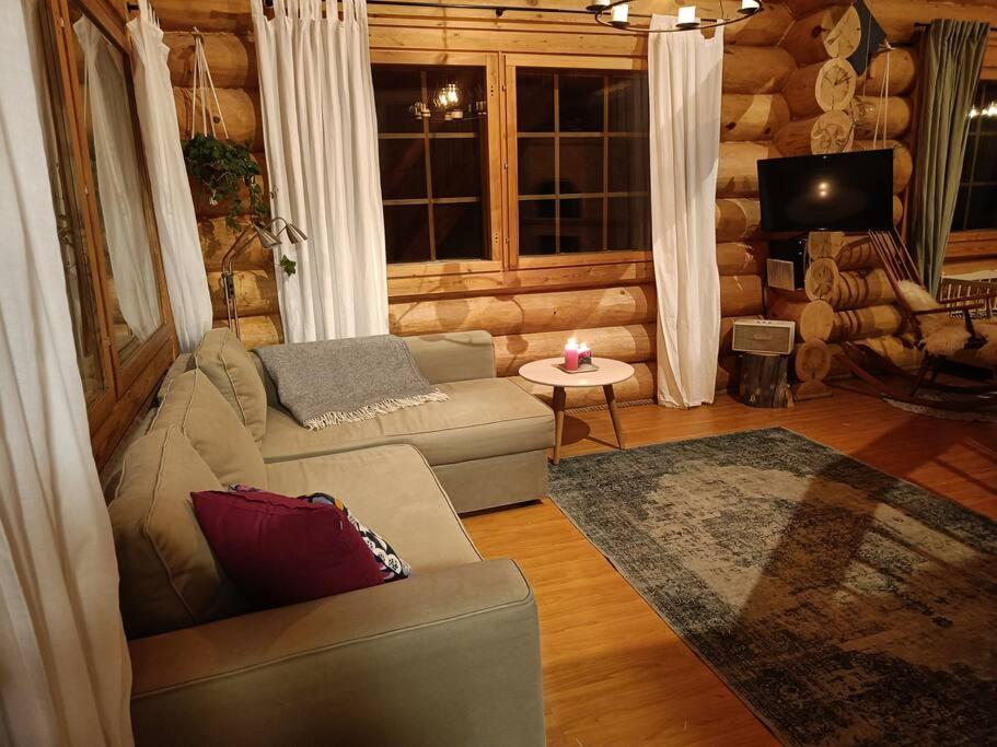 a living room with a couch and a tv at Riverside Villa in Rovaniemi