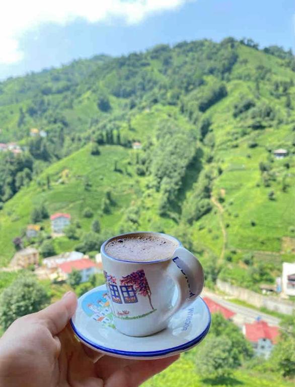 een hand met een kopje koffie voor een berg bij Rize Doğa Home 