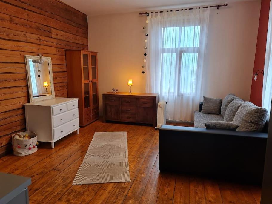 a living room with a couch and a dresser at Cosy studio near Aqva Spa in Rakvere