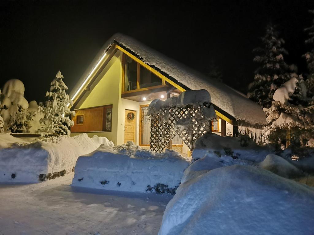 Domek na szlaku Rysianka Beskidy في Złatna: منزل مغطى بالثلج في الليل