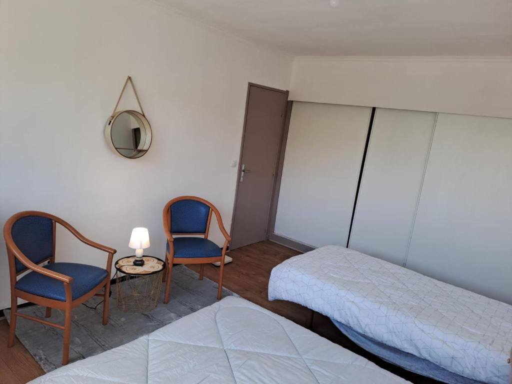 een slaapkamer met 2 stoelen en een bed en een tafel bij Room in an appartment in montpellier in Montpellier