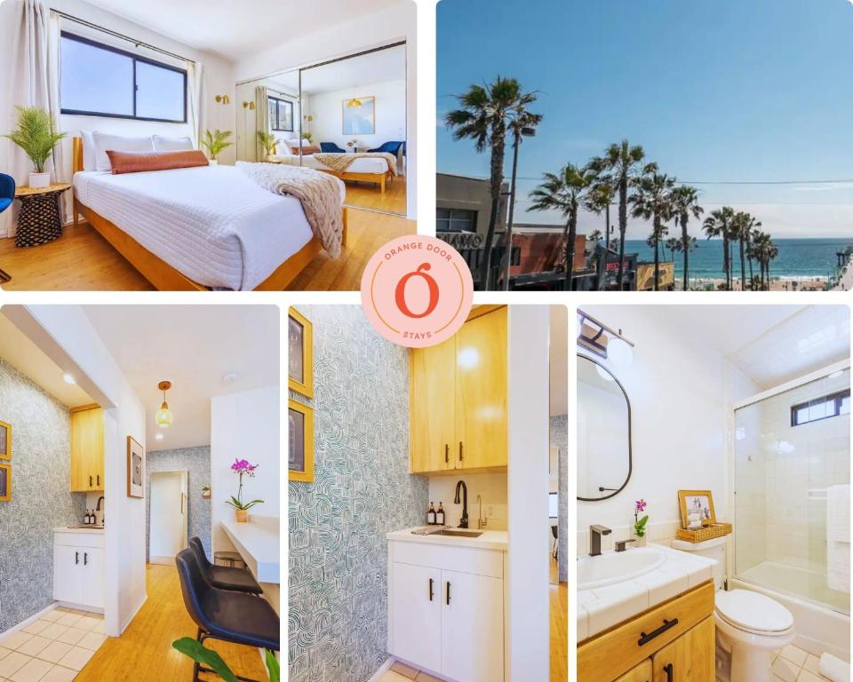 a collage of pictures of a bedroom and a bathroom at Studio to Unwind in Manhattan Beach in Manhattan Beach