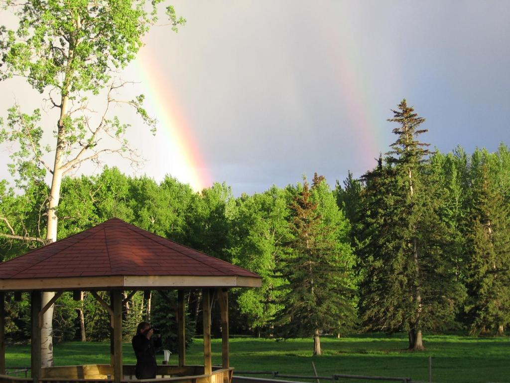 un hombre en un cenador con un arco iris en el fondo en Black Cat Guest Ranch, en Brule Mines