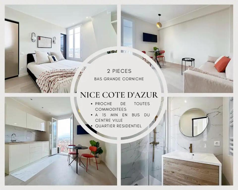 eine Collage mit Fotos von einem Schlafzimmer und einem Wohnzimmer in der Unterkunft LE PANORAMIQUE in Nizza