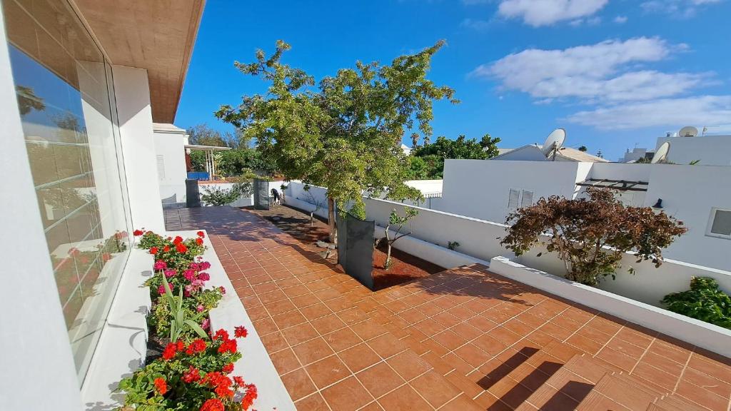a balcony with flowers and a tree on a building at CASA COSTA VOLCAN in Teguise