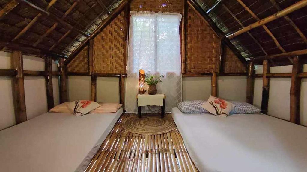 two beds in a room with a window at Lazy Lizard Hostel in Siquijor