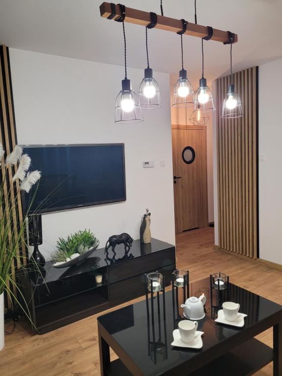 a living room with a table and a tv at Apartament Złota Dziewiątka in Wągrowiec