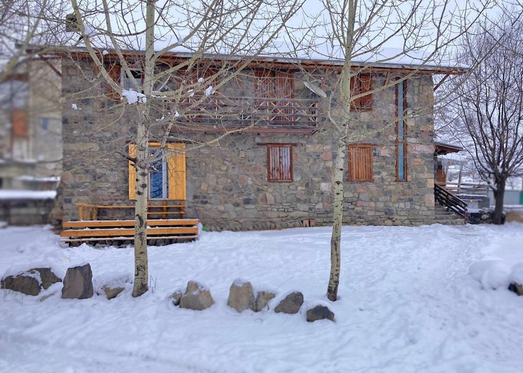 古道里的住宿－Snowpeak Chalet Gudauri，雪中一座石头房子,两棵树
