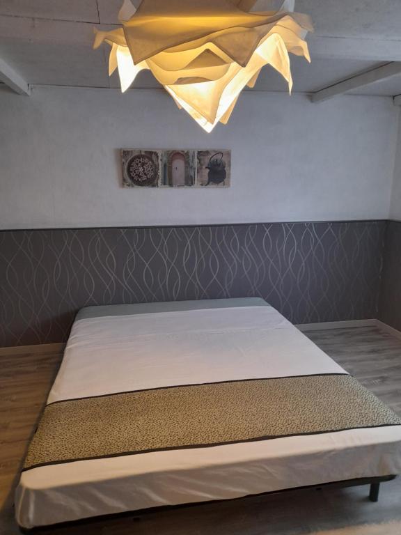 a bed in a room with a chandelier above it at Smith Cosy in Châteaumeillant
