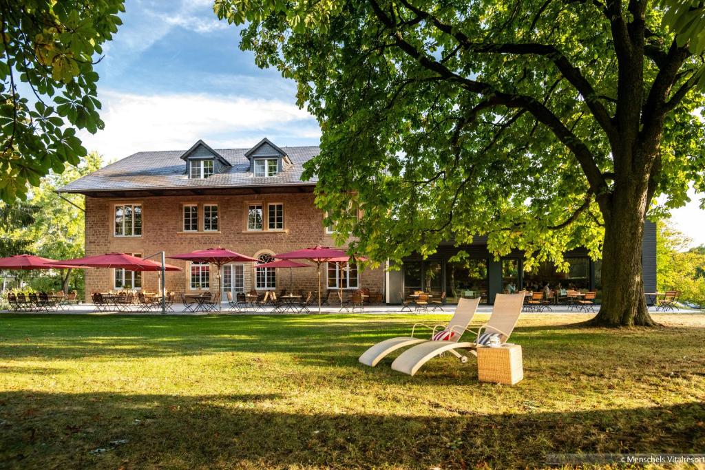 two chairs sitting in the grass in front of a building at Menschels Vitalresort in Meddersheim