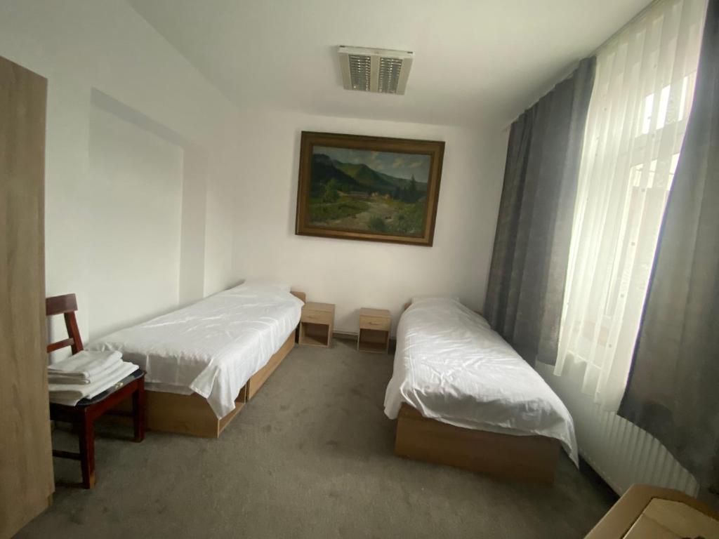 een kamer met twee bedden en een foto aan de muur bij Twin Cloud Pădurea Verde in Timişoara