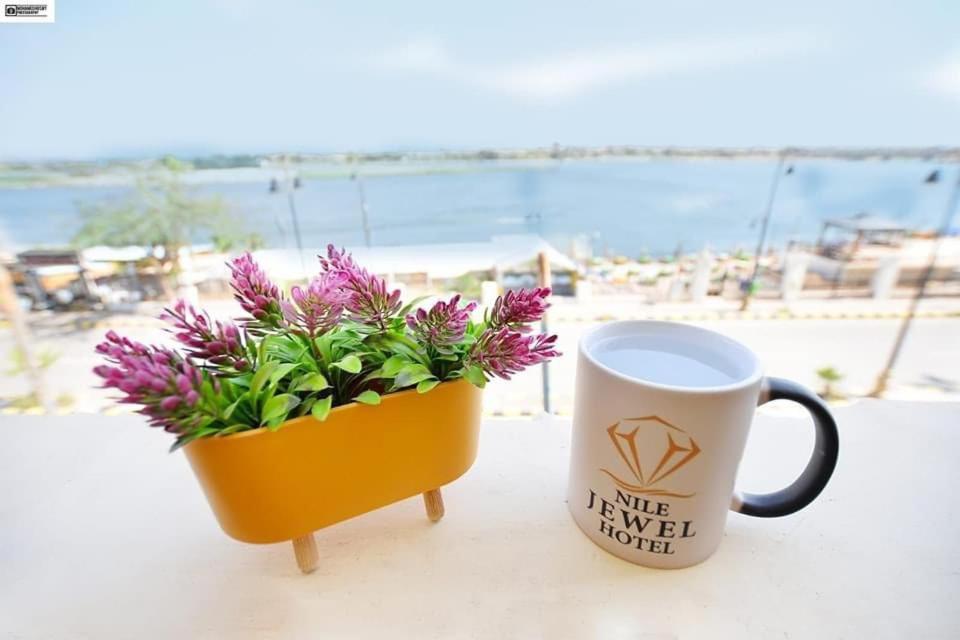 a cup of coffee and a flower pot with purple flowers at Nile jewel hotel beni suef in Beni Suef