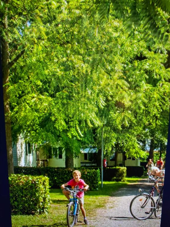 a young child riding a bike down a street at MOBIL HOME Clim BOOFZHEIM 6 PERSONNES 3 CHAMBRES LE RIED 3 ETOILES PROCHE EUROPA PARK in Boofzheim