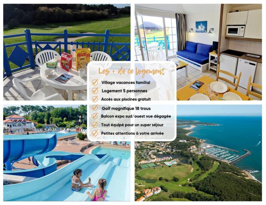 een collage van foto's van een resort met een zwembad bij "SOLEIL DU GOLF" Appartement 5 personnes, vue golf, accès parc aquatique in Talmont