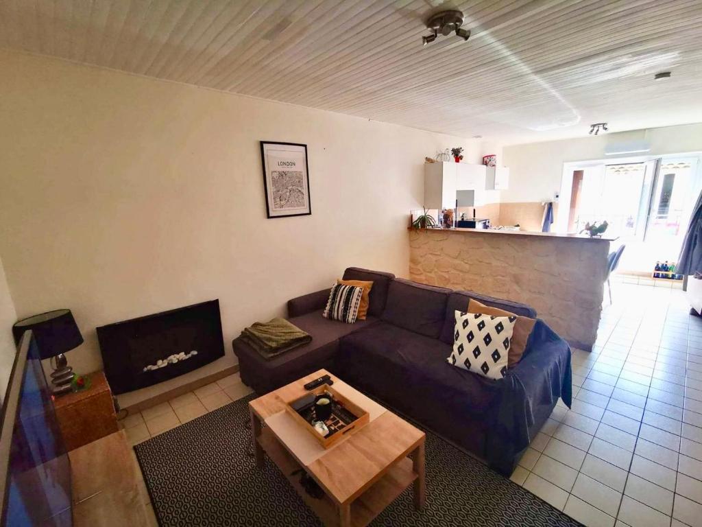 ein Wohnzimmer mit einem Sofa und einem Kamin in der Unterkunft Jolie T3 / Emplacement Ideal in Le Pouzin