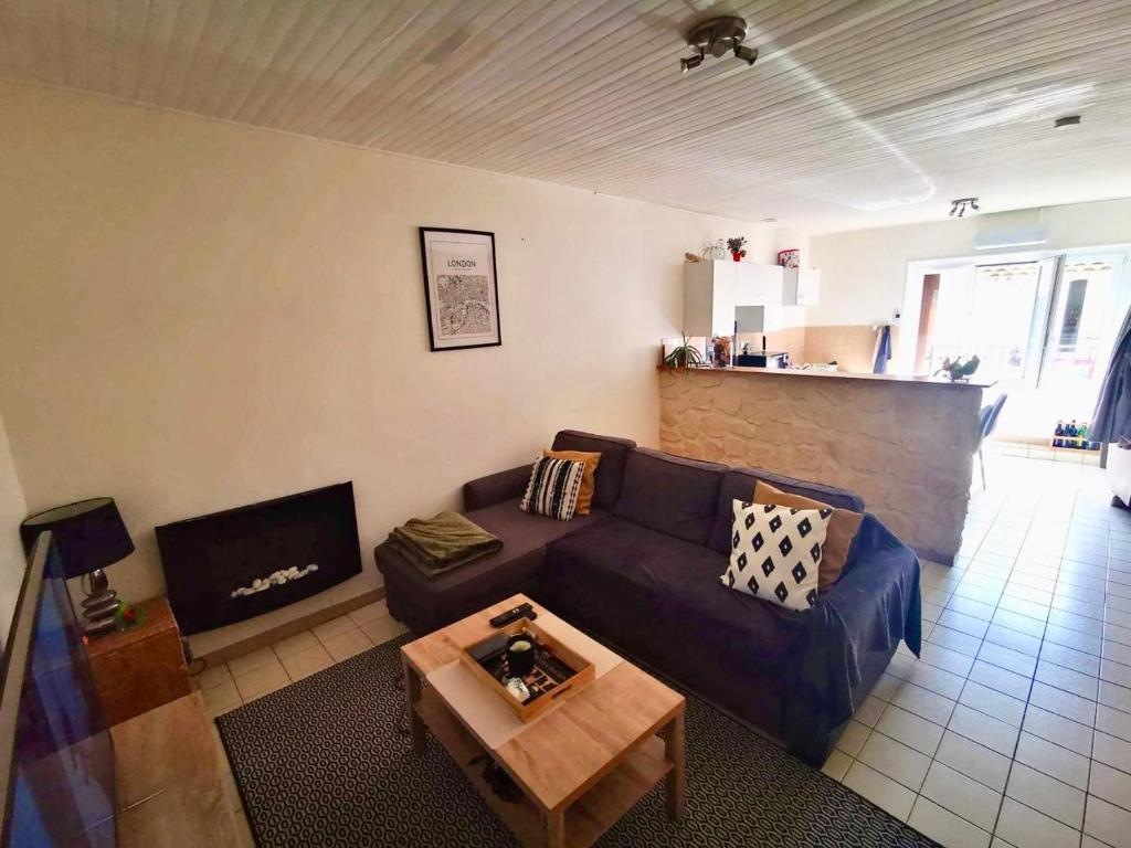 a living room with a couch and a fireplace at Jolie T3 / Emplacement Ideal in Le Pouzin