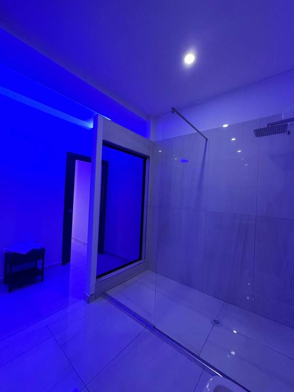 ein blaues Zimmer mit einer Dusche und einem Fenster in der Unterkunft Luxury Resort in Licola
