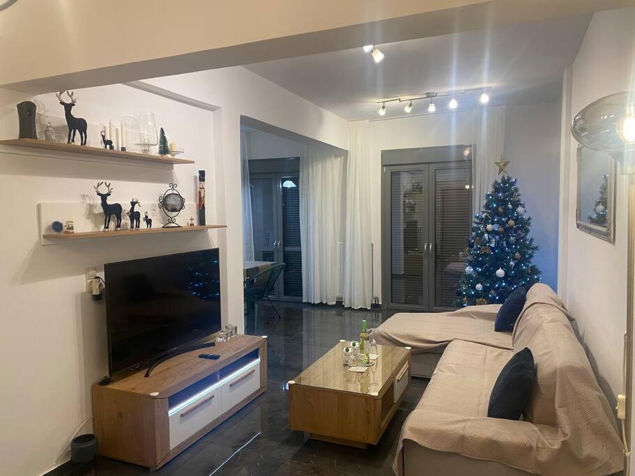 - un salon avec un arbre de Noël et un canapé dans l'établissement Cása Lîvele, à Tríkala