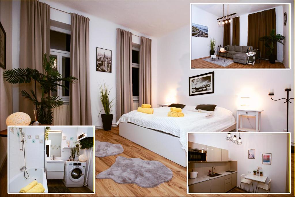 een collage van foto's van een slaapkamer en een woonkamer bij Pension Lovac 10 in Wenen