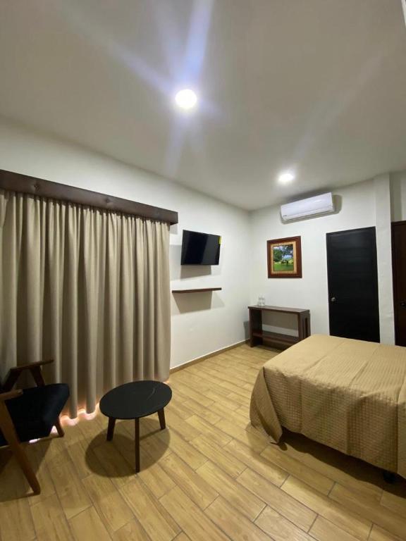 um quarto com uma cama, uma mesa e uma televisão em Hotel&Salón RG em Tlapacoyan