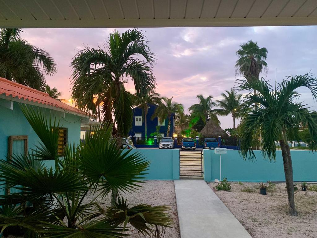 a blue house with palm trees and a driveway at Playa Feliz Apartments Bonaire in Kralendijk