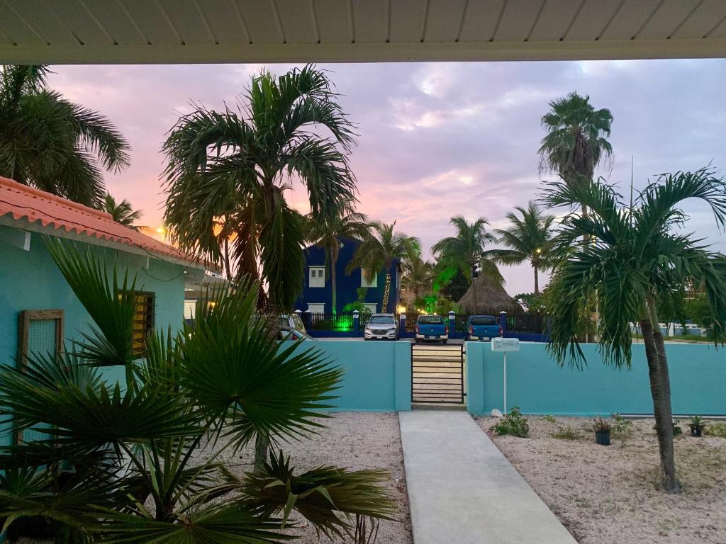 een blauw huis met palmbomen en een oprit bij Playa Feliz Apartments Bonaire in Kralendijk