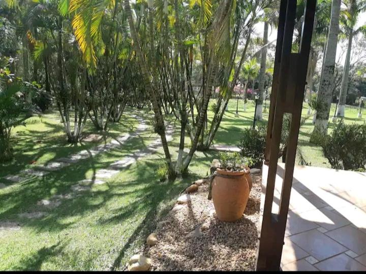 een grote vaas op de grond in een tuin bij Terra Rica Summer House in São Pedro