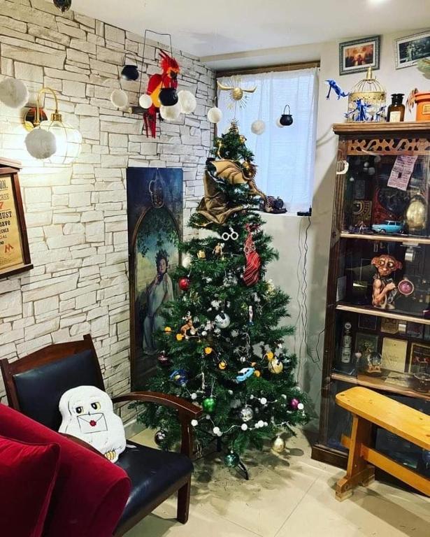 a christmas tree in the corner of a living room at Les sorciers, la Diligence St Jean de Losne in Saint-Jean-de-Losne