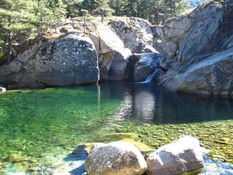 uma piscina de água com pedras e cascatas em A 2 minutes rivière 25 minutes Ajaccio plages linge et PARKING inclus em Ucciani