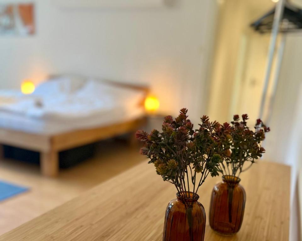 dois vasos com flores sentados numa mesa numa sala em Gemütliche Wohnung Nähe Uni em Basileia