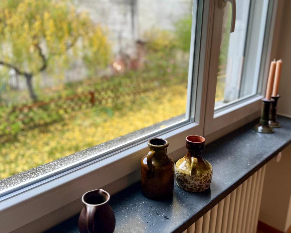 three vases sitting on a window sill in front of a window at Gemütliche Wohnung Nähe Uni in Basel