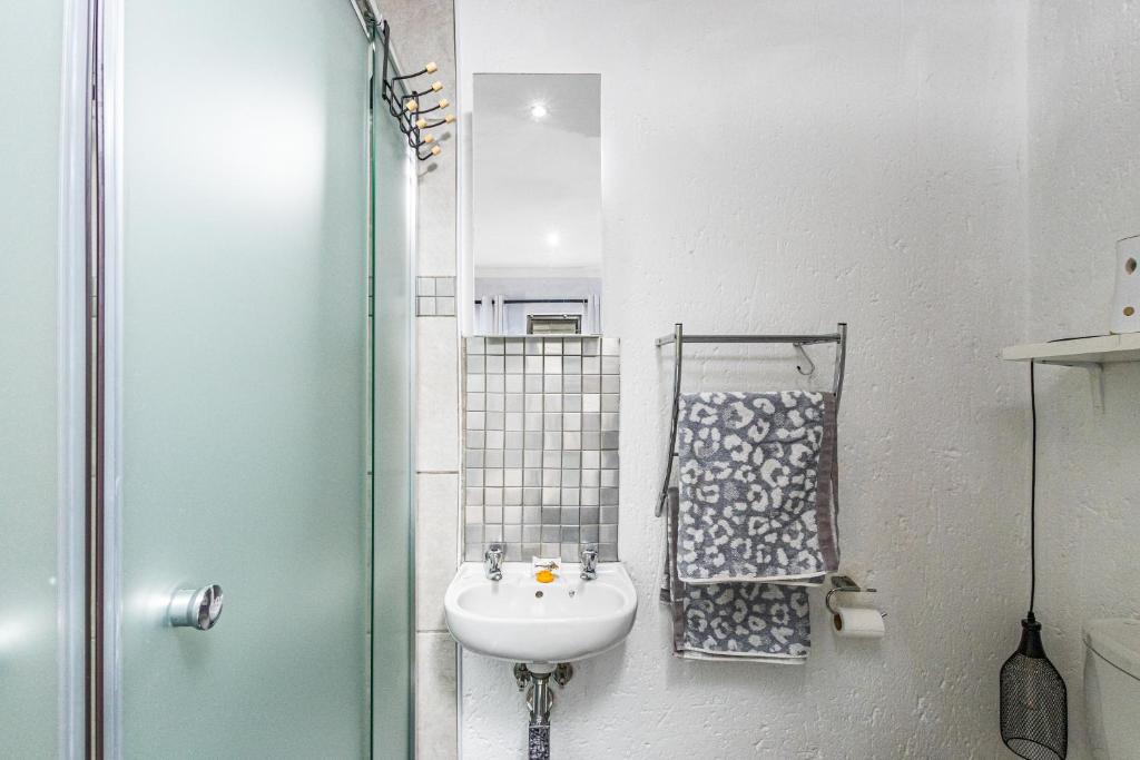 La salle de bains est pourvue d'un lavabo et d'une porte de douche en verre. dans l'établissement Salty Soul Studio 70, à Roodepoort