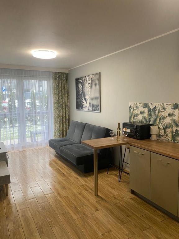 sala de estar con sofá y mesa en 2 Tyskie Apartamenty z ogródkiem, en Tychy