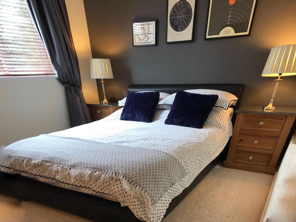 a bedroom with a bed with blue pillows on it at Bindons in Taunton