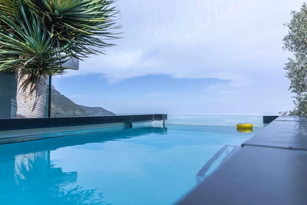 a swimming pool with a palm tree and the ocean at Vistas Del Valle; piscina, wifi bbq... in Santa Cruz de Tenerife