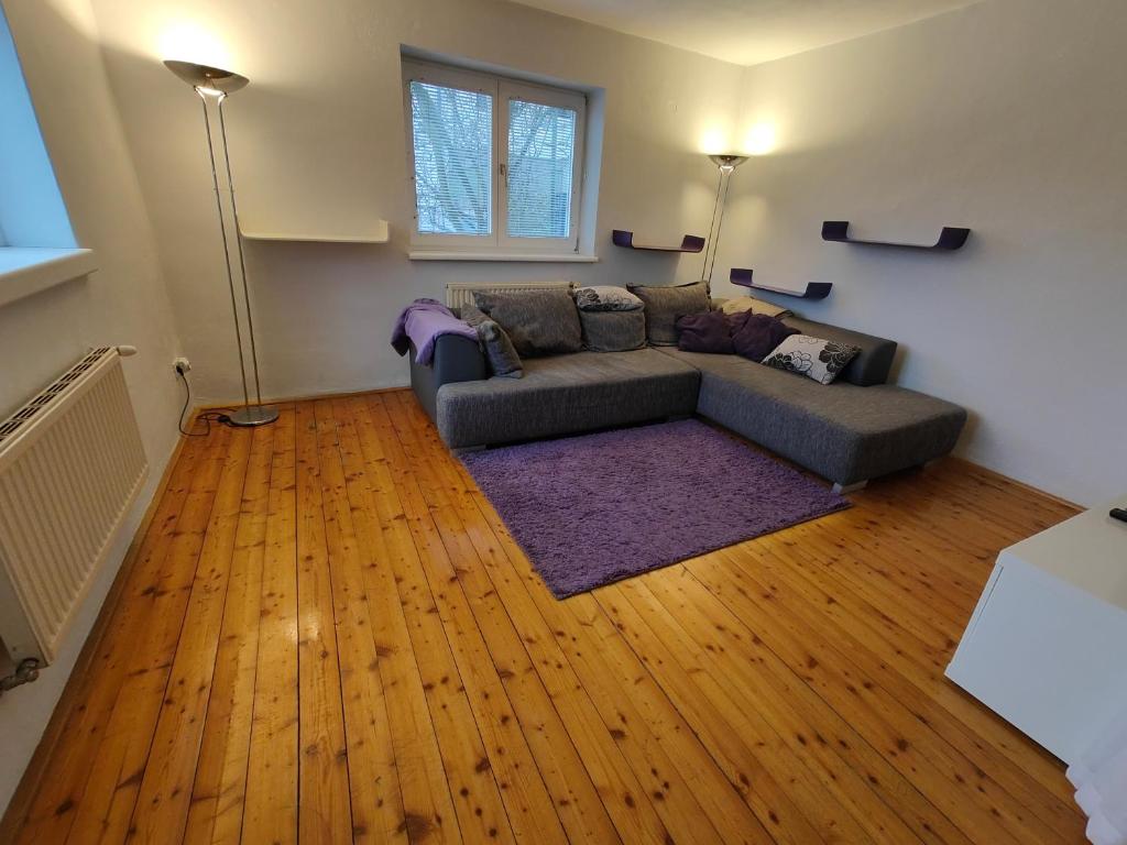 sala de estar con sofá y suelo de madera en Gemütliches Haus mit schönem Garten, en Viena