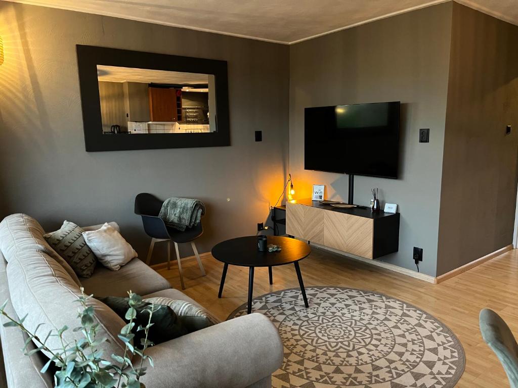 een woonkamer met een bank en een flatscreen-tv bij Appartement De Zeebries Koudekerke in Koudekerke