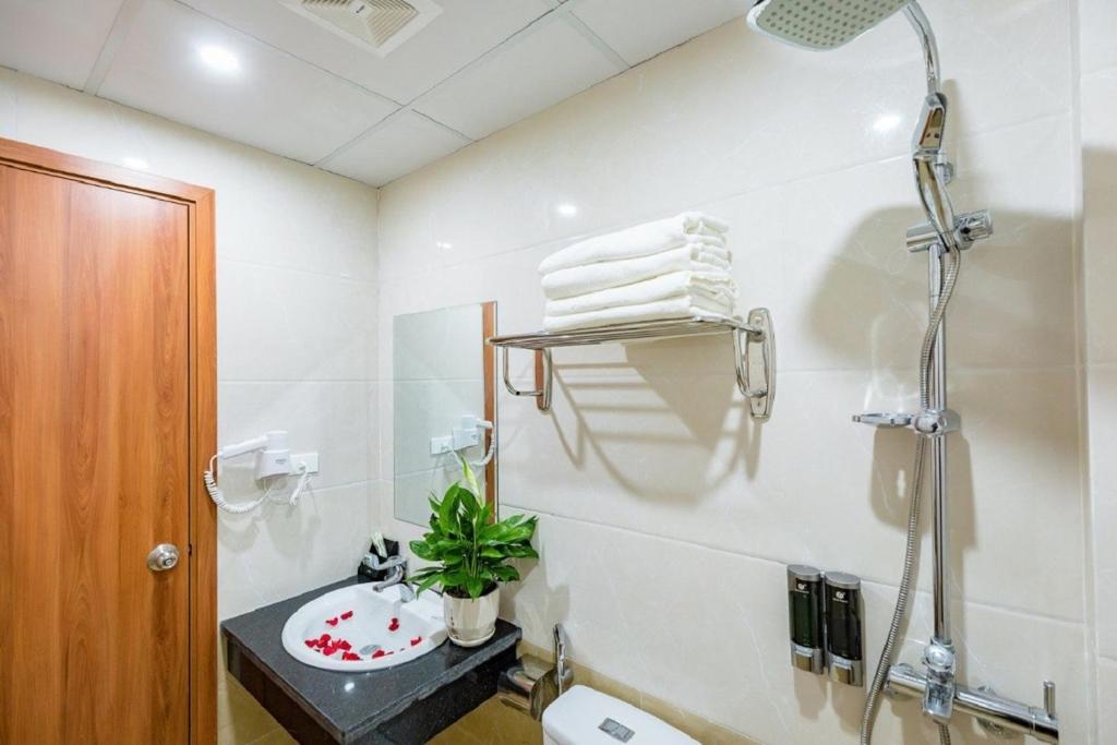 W łazience znajduje się prysznic i umywalka. w obiekcie Cat Ba Central w mieście Cát Bà