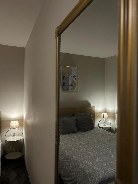 a bedroom with a bed with a large mirror at Impasse 1 in Fosses-La-Ville