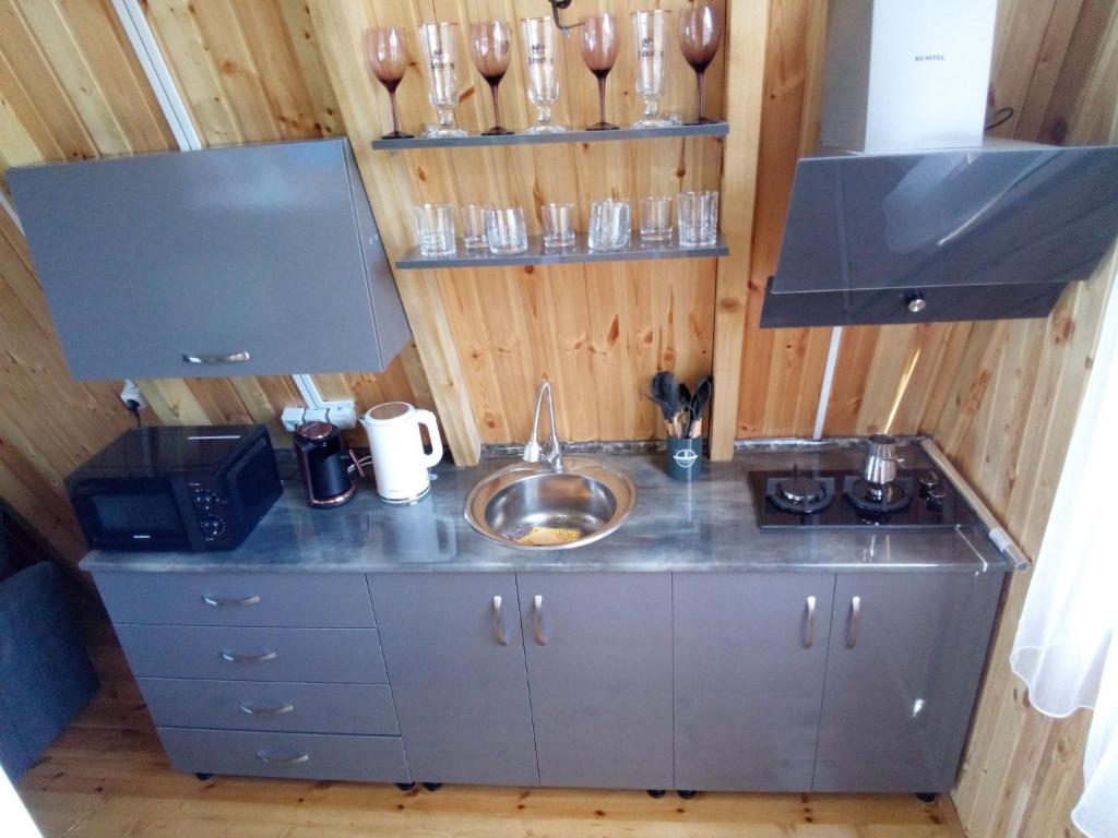 een kleine keuken met een wastafel en een aanrecht bij Cottage "Sunset" in Batoemi