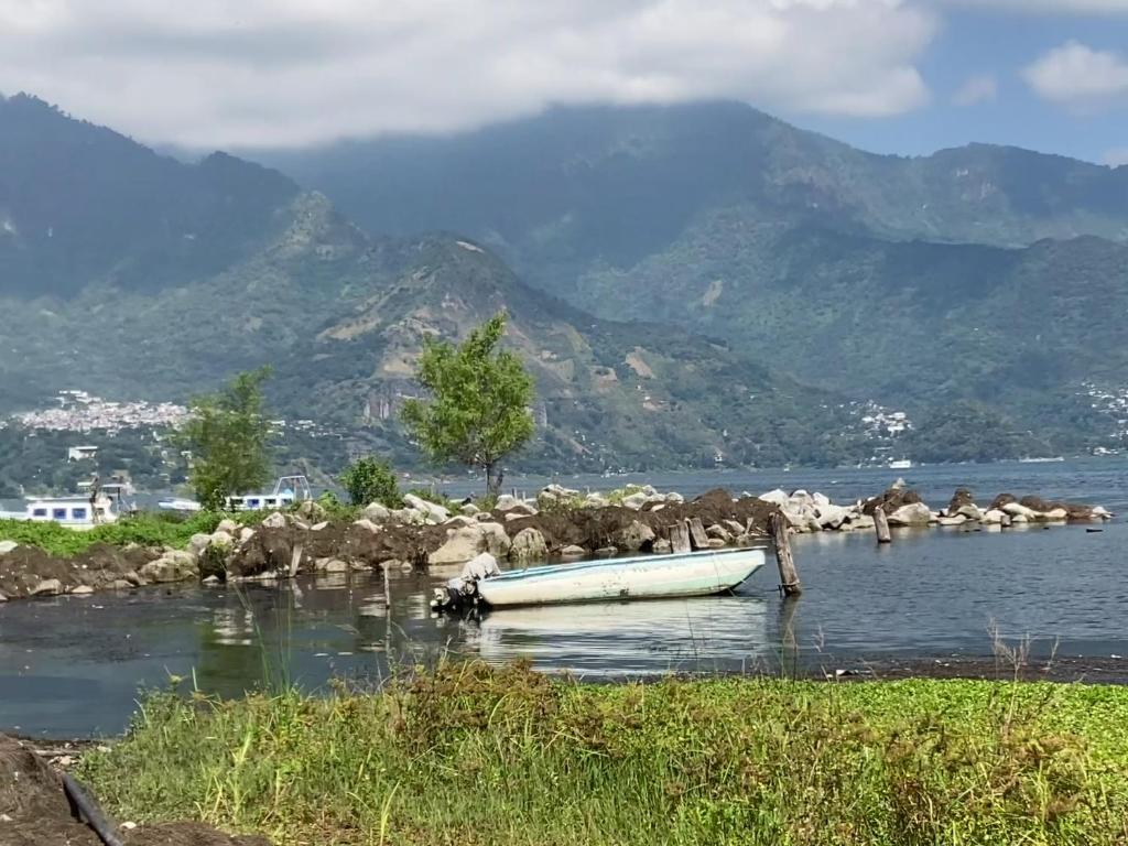 ein Boot im Wasser mit einem Haufen Tiere in der Unterkunft Sweet little cottage at Lake La Laguna in San Pedro La Laguna