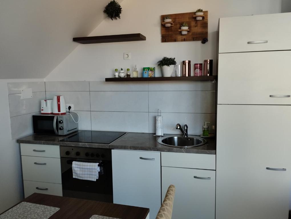 a small kitchen with a sink and a stove at Apartma Azurre in Postojna