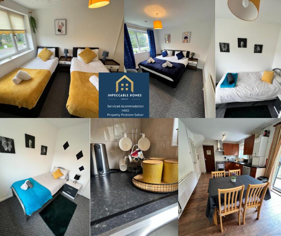 a collage of four pictures of a hotel room at Impeccable 3 bed House in Northampton-perfect for families, contractors, insurance in Northampton