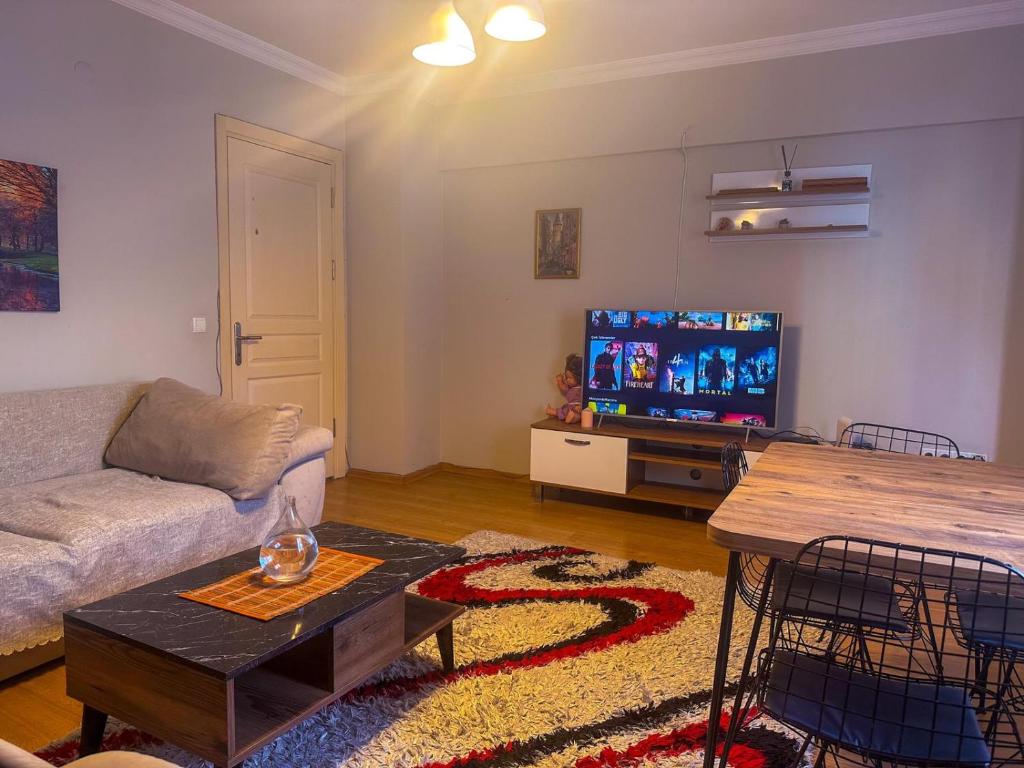 ein Wohnzimmer mit einem Sofa und einem Flachbild-TV in der Unterkunft Lavina Apartments in Istanbul