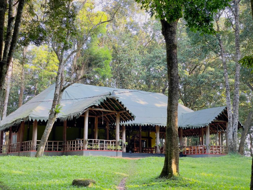 a building with a tent in the middle of a forest at 900 Woods Wayanad Eco Resort - 300 Acre Forest Property Near Glass Bridge in Meppādi