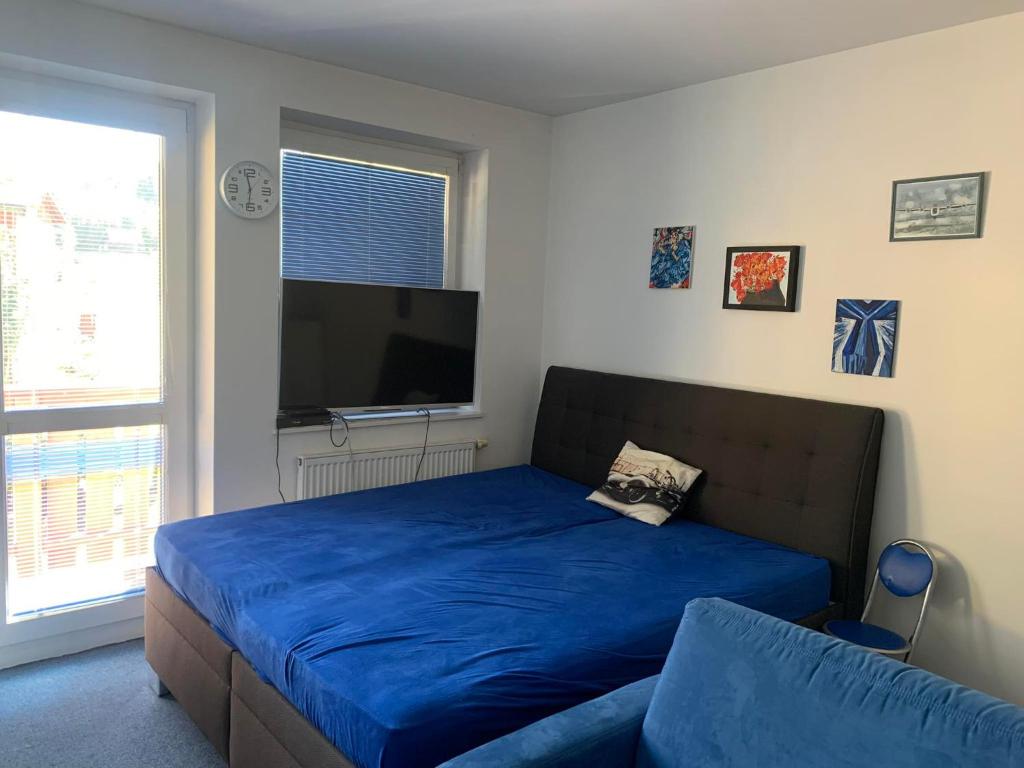 een slaapkamer met een blauw bed en een televisie bij Ubytování u sjezdovky Tanvaldský Špičák II. s garáží in Albrechtice v Jizerských horách