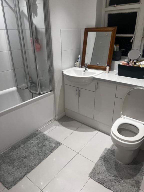 a bathroom with a toilet and a sink and a shower at Spontaneous apartment in Kingston upon Thames